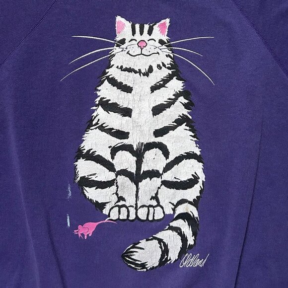 90s Vintage Front Back Cat Cartoon Sweatshirt Purple Crewneck Oldland Comic. - Picture 5 of 7